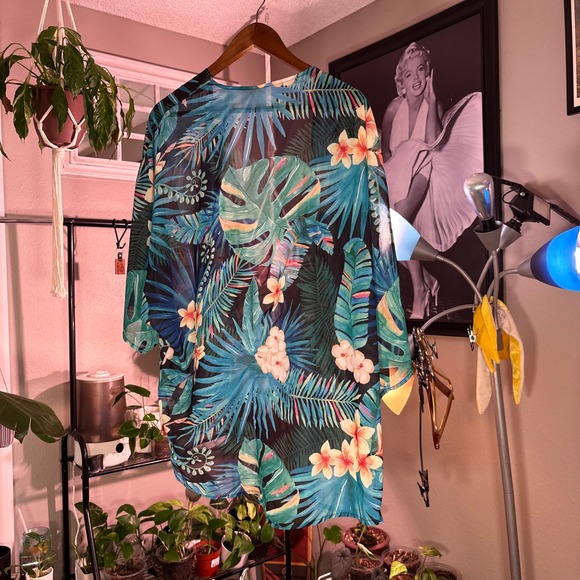 Unbranded Tropical Kimono Women One Size Blue Floral Leaf Sheer Beach Coverup - Picture 2 of 10
